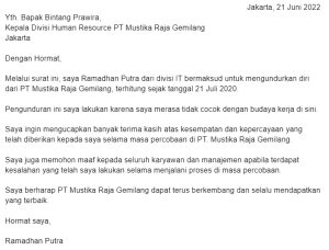 contoh surat resign masa percobaan