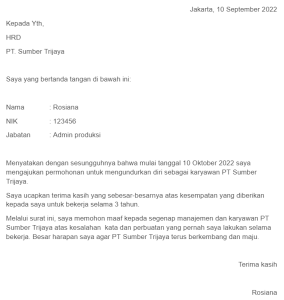 Contoh Surat Pengunduran Diri dari Pabrik